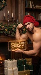 Fototapeta premium Muscular festive male: Happy New, Year 2027, strong bodybuilder, bright plaque, cozy fireplace, holiday gift, red hat, warm library, athletic model, wood shelf.
