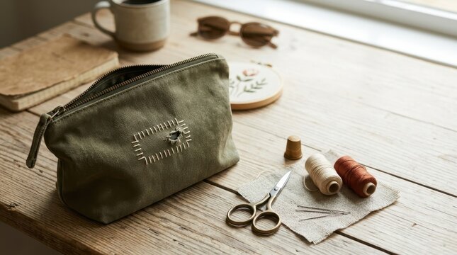 Green canvas travel pouch with visible hand-stitched mending on a wooden table. Sustainable fashion repair and mindful crafting concept