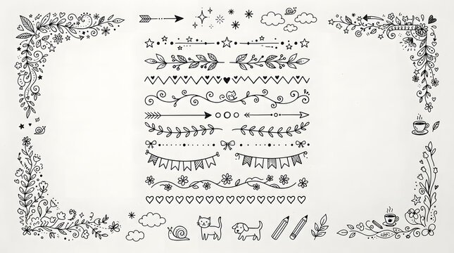 Handwritten doodle corner decorations and decorative text dividers set on white background