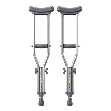 Pair of adjustable medical underarm crutches on transparent background