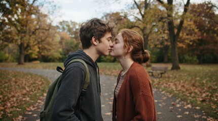Fototapeta premium Teenagers sharing a gentle kiss in an autumn park. Young romantic couple on a path surrounded by fall foliage