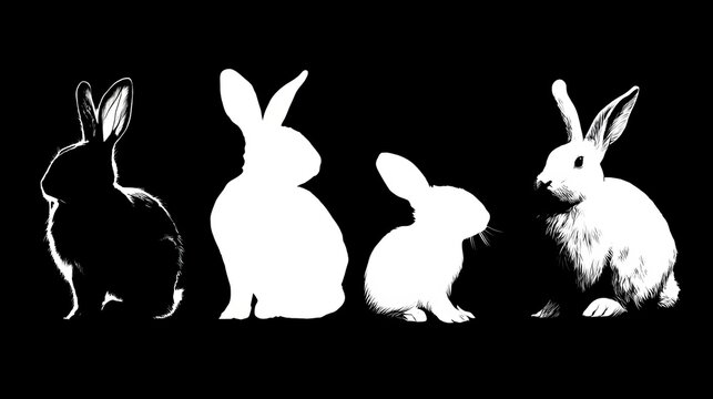 Four white rabbits sitting in profile depicted as minimalist artistic silhouettes isolated on a deep black background for creative design