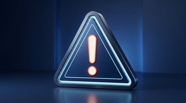 Glowing neon warning sign with exclamation mark on dark background