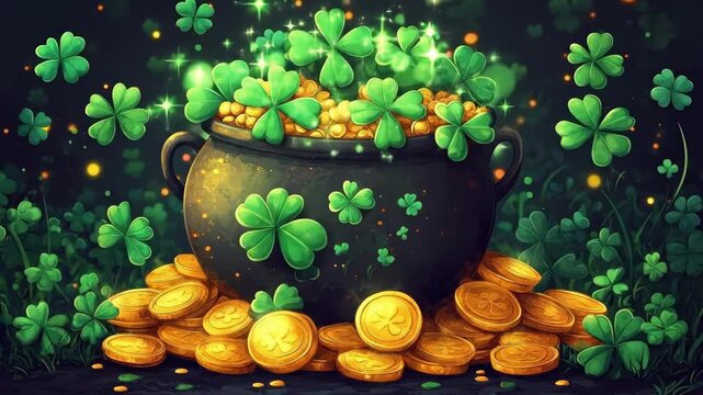 Pot of gold with clover and coins: symbol of luck and prosperity. Saint Patrick's Day, St Paddy's Day, St Patty's Day - Irish National Holiday and Cultural Celebration