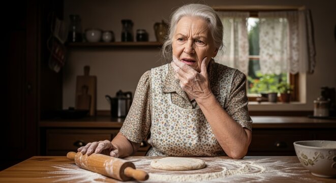 Elderly woman baking in a rustic kitchen, pausing with a rolling pin in front of her to wince while holding her jaw due to sudden tooth pain.