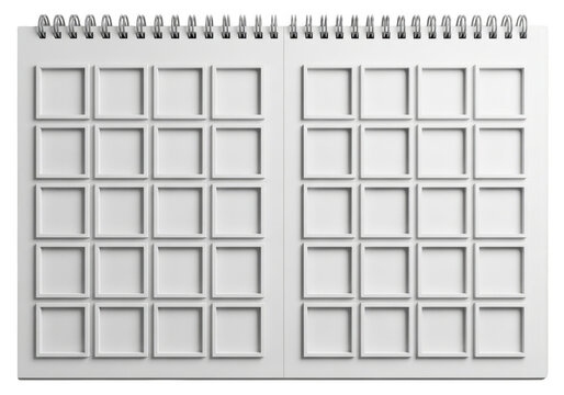 Blank paper calendar with empty grid squares isolated on transparent background