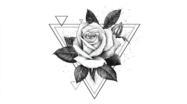 Detailed rose illustration featuring intricate stippling art style combined with sharp geometric triangle shapes isolated on a clean white background