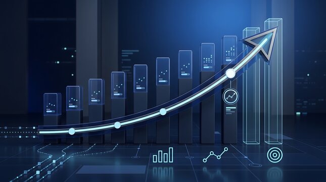 Digital 3d bar chart with upward arrow and futuristic interface