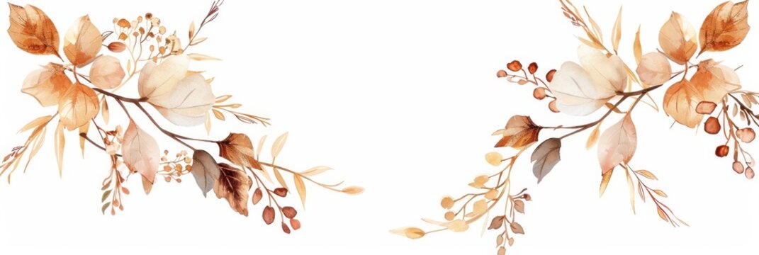 Autumn floral corner frame with beige watercolor leaves and berries for fall invitation background and seasonal greeting card design. Horizontal banner. Copy space. Watercolor illustration
