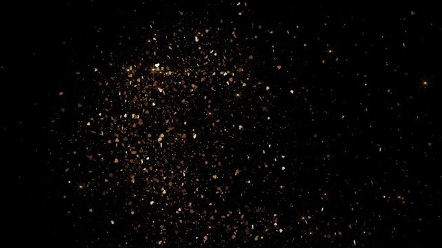 A luxurious shower of bronze gold particles decorative border black. gala announcements, product promotions, anniversary trophy reveals, party invitations, cinematic overlays, premium event branding.