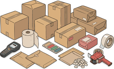 Delivery packaging set with cardboard boxes, postal envelopes, packing tape gun, bubble wrap, and barcode scanner vector illustration © Ja