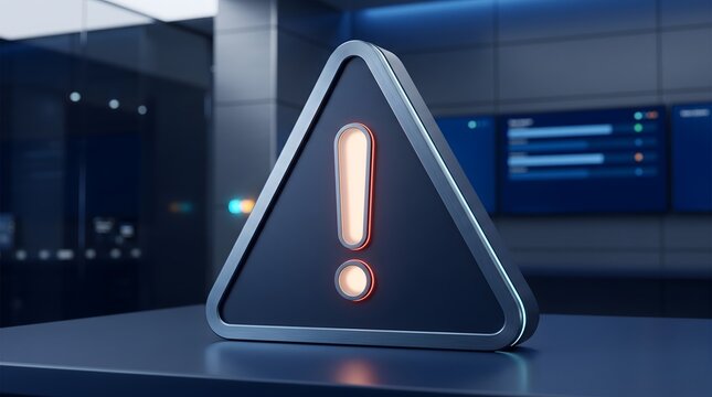 Exclamation mark warning sign on dark blue table in modern control room
