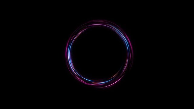 Rotating magenta, blue lines neon ring open center. music branding, loading screens, digital interfaces, concert visuals, product displays, logo animation, cyber themes, presentation backgrounds.