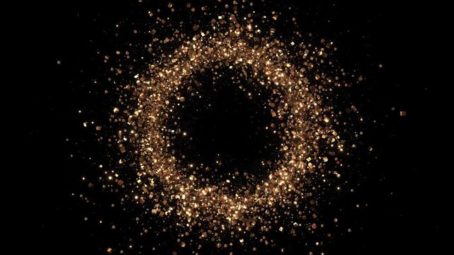 A ring of golden cubes, beads, glitter particles shines deep black with open center space. luxury invitations, wedding titles, premium products, award reveals, festive greetings, elegant motion