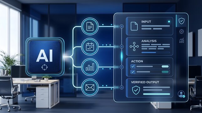 AI processing workflow with input analysis and action in modern office