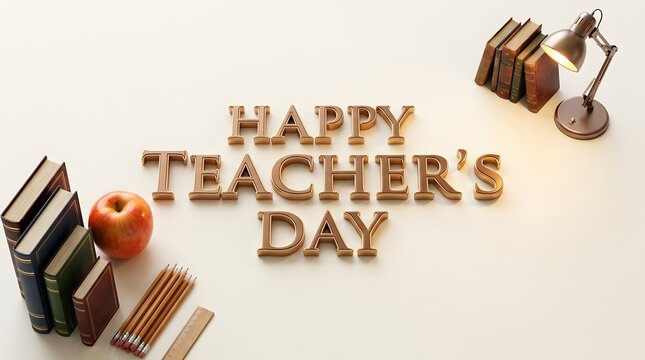 A festive greeting for happy teachers day featuring stacked books a red apple a desk lamp and wooden letters on a white background