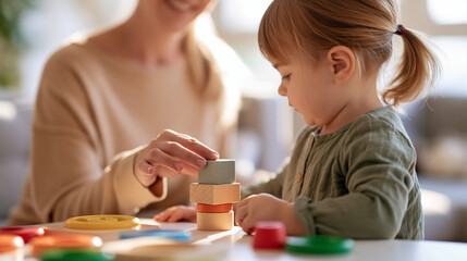 Naklejka premium rear view of a toddler girl doing sensory playful exercises during an occupational therapy session with her therapist in a bright room, backs to camera, child development concept,