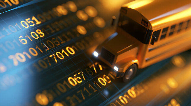 digital school bus displayed with binary code on a bright background, artificial intelligence integration concept, route optimization, safety monitoring, transportation