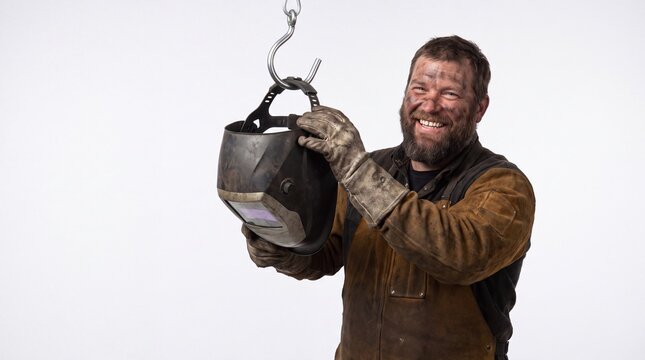 Smiling dirty construction worker holding a heavy industrial metal hook.