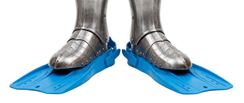 Medieval knight armor swim flippers standing on black background for surreal humor concept, steel plate suit boots wearing blue diving fins, funny aquatic protection isolated studio image