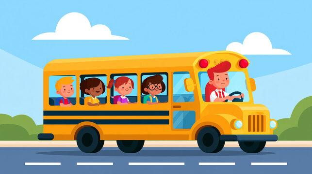 cartoon illustration of a school bus with children looking out the windows and a driver at the wheel on a bright background, back to school concept, colorful, playful, bright,