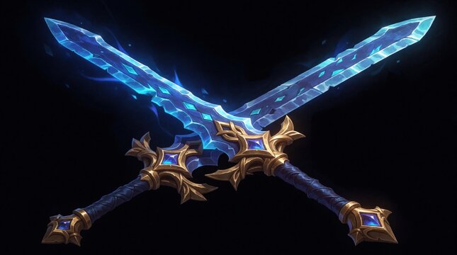 Two magical swords with blue glowing blades and golden ornate hilts crossed against a black background. These fantasy weapons possess intricate designs suitable for games or art.