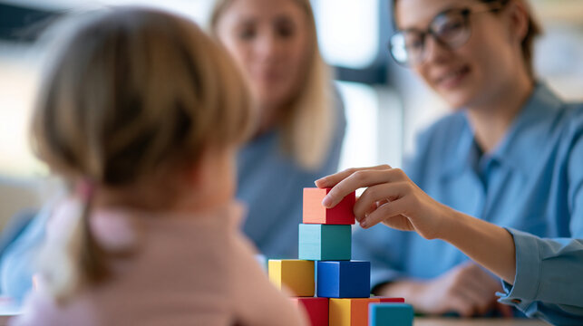 rear view of a child stacking educational cubes under a psychologist's supervision in a bright room, back to camera, therapy and learning concept, pediatric development,