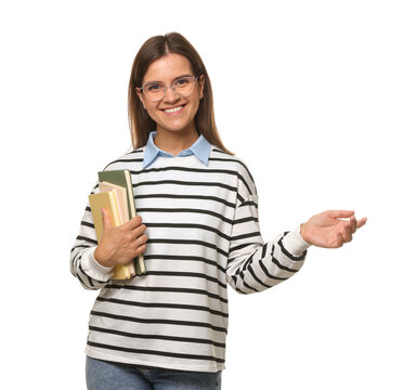 Happy teacher with notebooks on white background