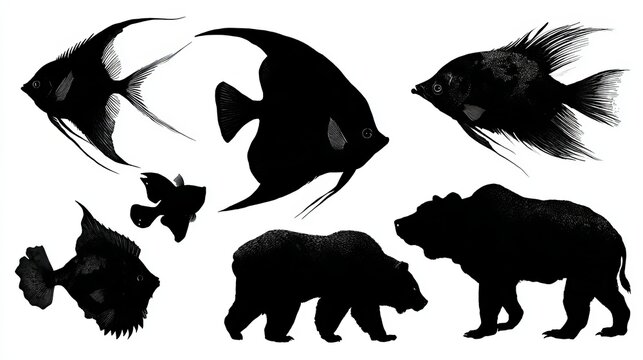 Detailed black silhouettes of various exotic angelfish and large grizzly bears presented against a clean isolated solid white background screen