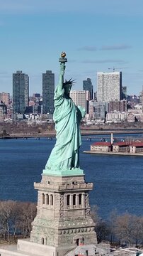 Statue Of Liberty In Manhattan New York United States. Aerial Landscape Of Famous Statue In A Natural Scenery. Landmark Town. District Skyline. Manhattan New York.