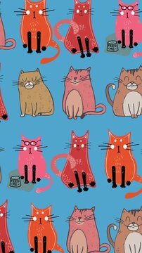 Animation of rows of cute pet cats repeated on blue background