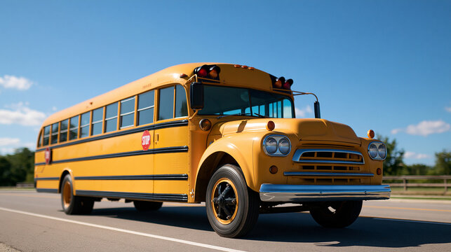 old-fashioned yellow school bus with a red stop sign on the side displayed in bright daylight, transportation concept, vintage, safety, back to school, bright, with copy space
