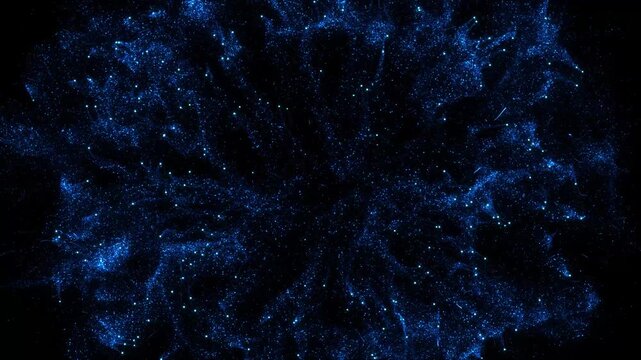 Electric blue filaments and luminous data particles surge intense central source, high visualization cybersecurity, cloud computing, quantum research, connectivity, science next-generation interfaces.