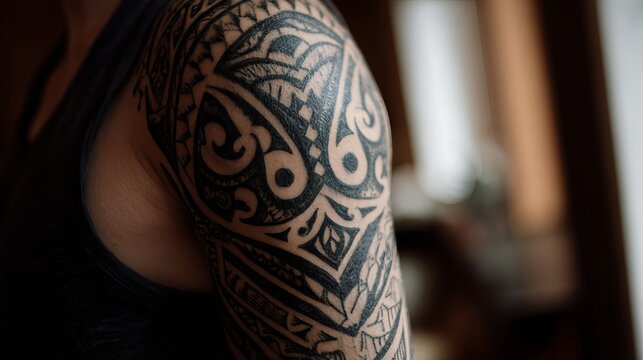 Intricate black tribal tattoo on a muscular male shoulder showing detailed patterns and bold lines in a soft natural light