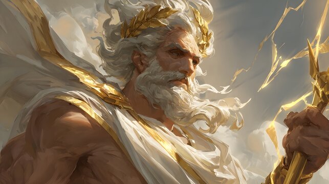 Solemn bearded god with laurel crown and lightning in storm sky