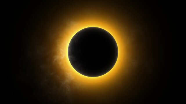A dark moon passes before sun, revealing corona smoky solar atmosphere black space. astronomy documentaries, eclipse forecasts, science education, celestial events, cinematic intros cosmic backgrounds