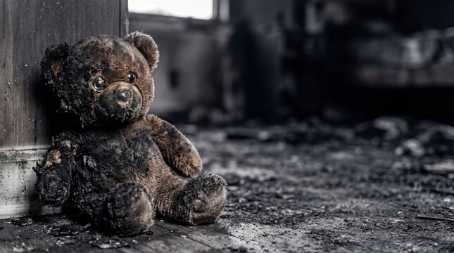 Burnt teddy bear sitting on floor in house after fire disaster. Childhood toy left in aftermath of building destruction. Tragedy, loss and home damage concept with soot and ash.
