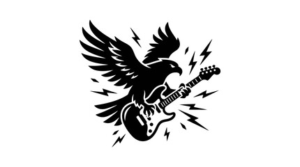 Fototapeta premium Vector illustration of a powerful eagle playing an electric guitar surrounded by lightning bolts for a bold rock music band logo or rebellious tattoo design concept