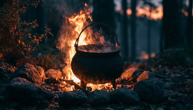 Black iron cauldron sits over hot wood fire in dark forest at night. Bright orange flames burn with smoke under twilight sky. Magical potion boils inside pot surrounded by stones. Mystery atmosphere