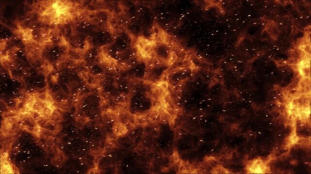 Detailed burning fire texture moves across a dark smoky surface as sparks drift through the heat. Useful for cinematic overlays, industrial edits, fantasy scenes, warnings, and high-energy promotions.