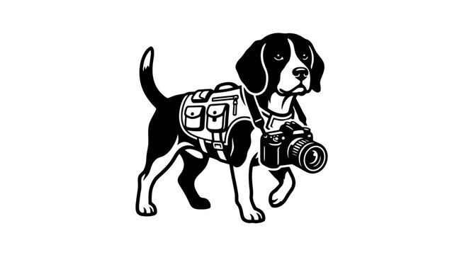 Clever beagle dog photographer cartoon mascot illustration wearing a travel backpack with a digital camera isolated on white vector graphic design concept