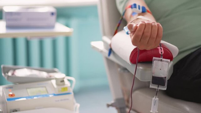Male patient squeezing hand grip while donating blood