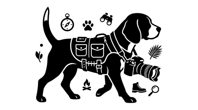 Black and white vector illustration of an adventurous beagle dog wearing a travel backpack and carrying a professional camera, surrounded by various camping and exploration icons