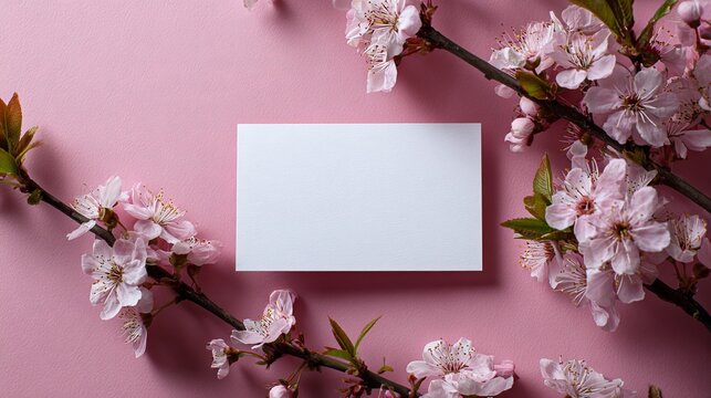 Blank white paper card positioned centrally on pink textured background surrounded by delicate blooming cherry blossom branches for spring themes