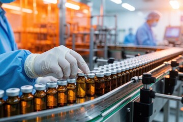 Naklejka na ściany i meble Scientist in cleanroom suit checks medicine vials on factory conveyor. Automated production line processes pharmaceutical products. Medical research lab manufacturing drugs.