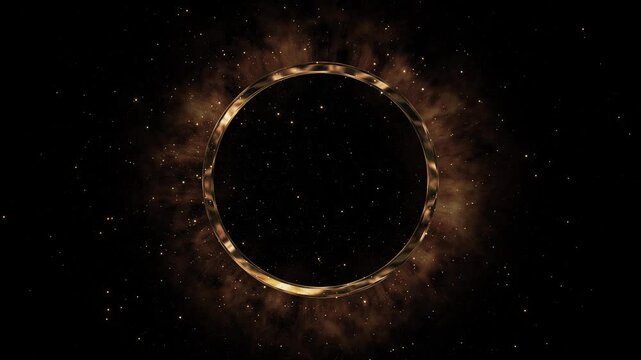 Elegant golden particles illuminate a circular frame with rich sparkle, haze, and copy space. Ideal for product launch, beauty ads, gala invitations, festive openers, success themes, and logo reveals.