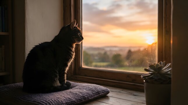 Contemplative tabby cat sitting by a window watching a golden sunset cats lovers day