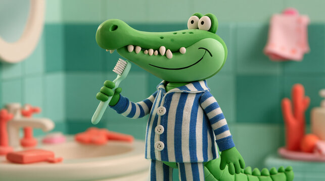 Cute crocodile in striped pajamas brushing teeth in a colorful bathroom