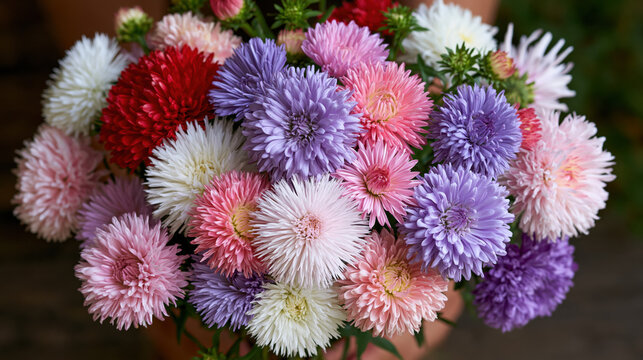 Large colorful aster flower bouquet viewed from above