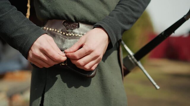 Close-up of person fastening leather pouch by securing metal buckle on studded belt worn over textured wool tunic, with visible finger movement, strap tension, and rustic costume detail in daylight